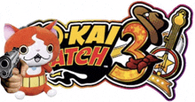 a stuffed animal is holding a gun in front of a logo for kai watch 3