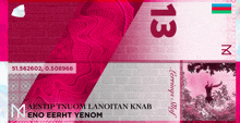 a pink and white banknote with the number 13