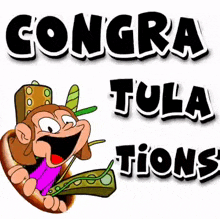 a cartoon monkey is holding a bag of money and the words `` congratulations '' are written above it .