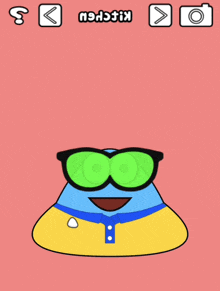 a cartoon character wearing sunglasses and a yellow shirt with the words kitchen below it