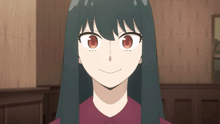 a girl with long black hair and red eyes smiles