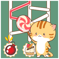 a cartoon cat is holding a lollipop in front of a bomb and a cupcake