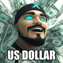 a man with a beard is surrounded by dollar bills and says " us dollar "