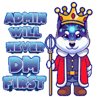 a cartoon husky wearing a crown and holding a staff with the words admin will never dm first