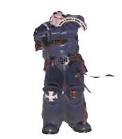 a blue armored figure with a white helmet and a brown sash around his waist