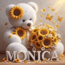 a white teddy bear holding a bouquet of sunflowers with the name monica in front of it