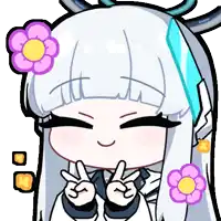 a cartoon girl with white hair and a flower in her hair giving the peace sign