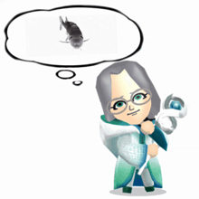 a cartoon character has a thought bubble with a fish inside of it