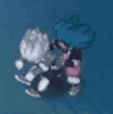 a couple of cartoon characters are standing next to each other in the water .