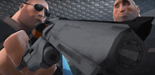 a man with sunglasses is holding a gun that says ' sniper ' on the side