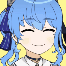 a drawing of a girl with blue hair smiling with her eyes closed