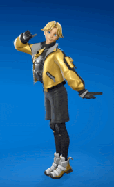 a man in a yellow jacket and black shorts stands with his arms outstretched