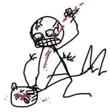 a black and white drawing of a stick figure holding a knife and a bloody face .