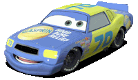 a blue and yellow racing car with the number 70 on the side