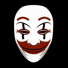 a white clown mask with a red mouth and black eyes