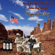 a happy labor day greeting card with a statue of a man sitting on a bench in the desert