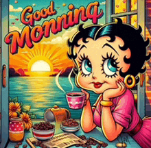 betty boop is sitting at a table drinking coffee