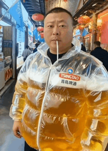 a man is wearing a jacket that looks like a beer bottle