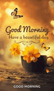 a cup of coffee with yellow flowers and butterflies on a table .