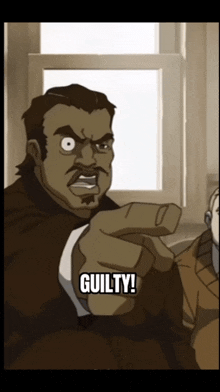 a man in a suit is pointing at the camera with the word guilty on his hand