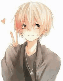 a boy with short blonde hair is giving a peace sign with his hand .