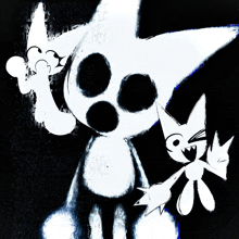 a black and white drawing of a ghost and a cat with the letters a and e visible