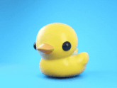 a yellow rubber duck with black eyes is on a blue surface