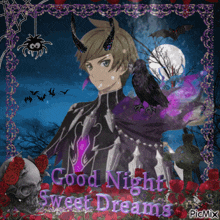 a picture of a boy with horns and a crow with the words good night sweet dreams