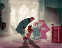 a cartoon scene of a man and a woman looking at a baby in a rocking chair