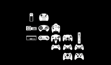 a bunch of different types of video game controllers are lined up in a row on a black background .