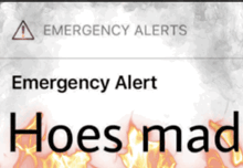 an emergency alert that says hoes mad on the bottom