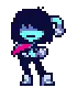 a pixel art of a person with a scarf around their neck is standing on a white background .