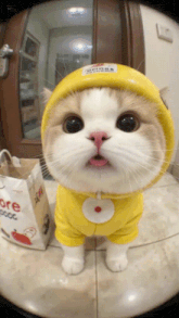 a cat wearing a yellow hoodie and a yellow hat looks at the camera with a bag in the background that says ore good