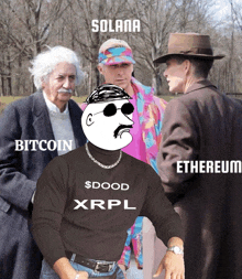 a man wearing a shirt that says $ dood xrpl stands in front of two other men