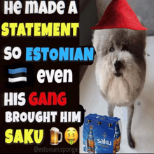 a dog wearing a red hat is next to a pack of saku