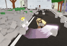 a cartoon character in a hat is walking down a road