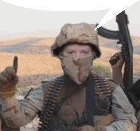 a soldier wearing a helmet and a bandana giving a thumbs up