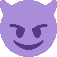 a purple devil face with horns and a smile on it