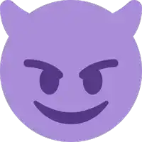 a purple devil face with horns and a smile on it