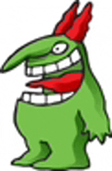 a cartoon drawing of a green monster with red horns and a red scarf around its neck .