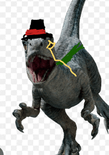 a dinosaur wearing a black top hat and a green belt