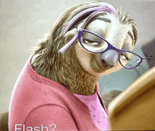 a sloth wearing glasses and a pink sweater says flash on the bottom