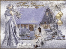 a merry christmas card with jesus and mary in front of a snowy house