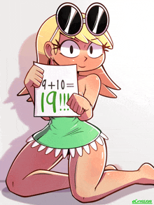 a cartoon of a girl holding a sign that says 19