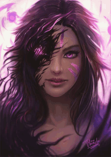 a painting of a woman with purple hair and the name miracle