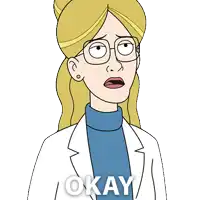a cartoon of a woman with glasses and the word okay behind her
