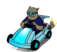 a cartoon of a man driving a blue lawn mower