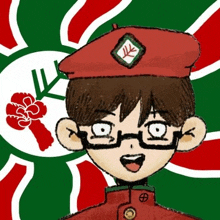 a cartoon of a boy wearing glasses and a red hat .