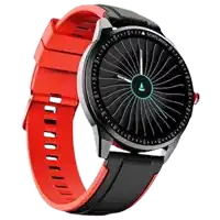 a smart watch with a red and black band and a black face .