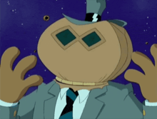 a cartoon character in a suit and tie has a pumpkin for a head